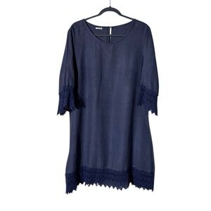Womens Linen Crochet Dress Medium Lagom Minimalist Beachy Quiet Luxury Blue Boho